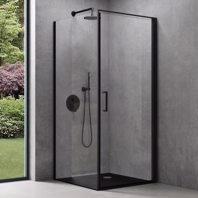 doporro Box Doccia Angolare 80x100 cm con Porta Battente Vetro Temperato 8mm Anticalcare Trasparente, Profilo in Alluminio Nero Opaco e Piatto Doccia Incluso šC Ravenna36K