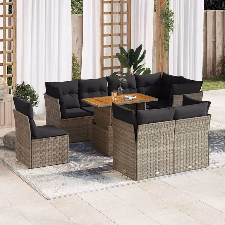 Set Divano da Giardino vidaXL 9 pz in Polyrattan e Legno di Acacia con Cuscini Grigio