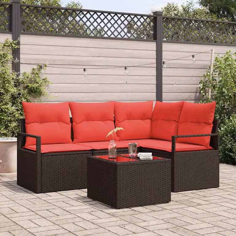 Set Divano da Giardino vidaXL 5 Pezzi a Forma di L con Tavolino, Colore Marrone e Rosso, in Polyrattan e Metallo con Cuscini Inclusi