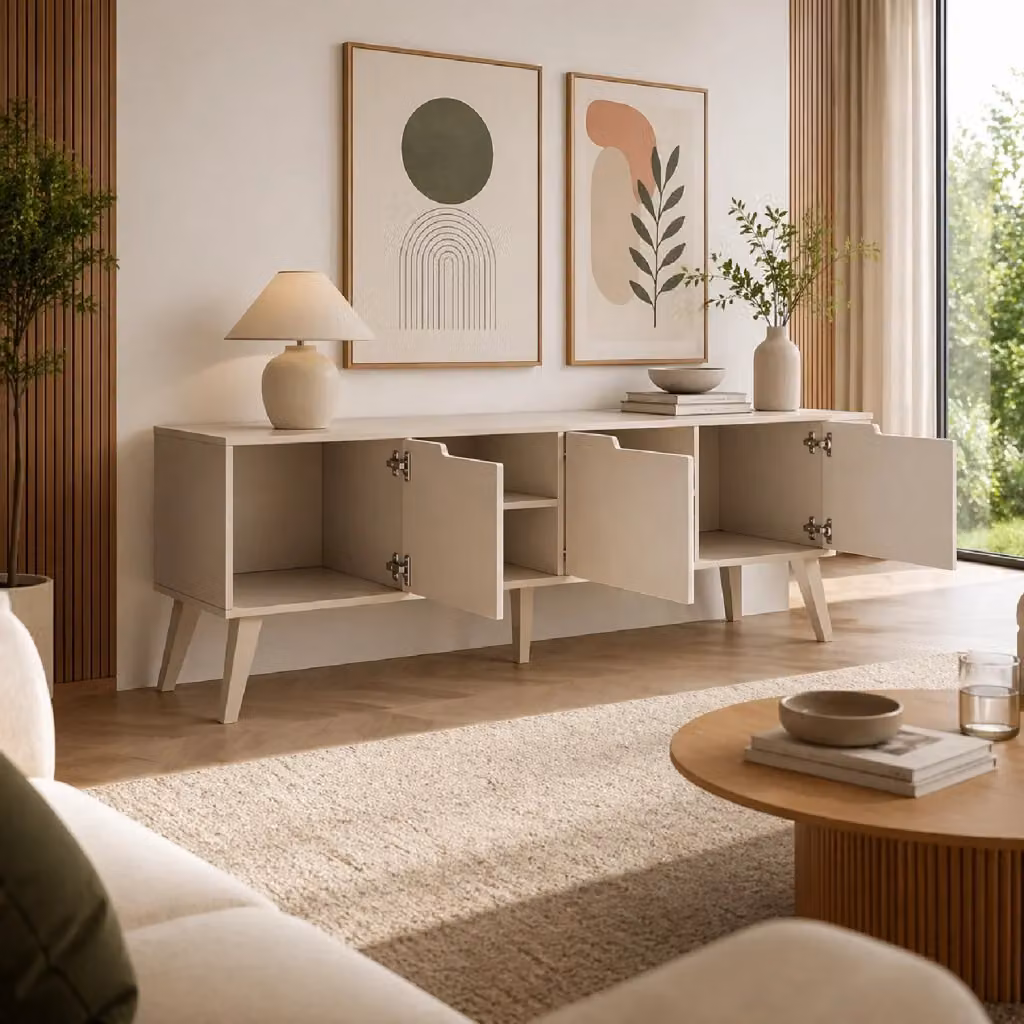 Mobile Porta TV Scandinavo MEGAOFFERTE con 3 Ante e 2 Vani a Giorno in Melaminico, Colore Beige, L 180 x P 40 x H 55 cm – 2