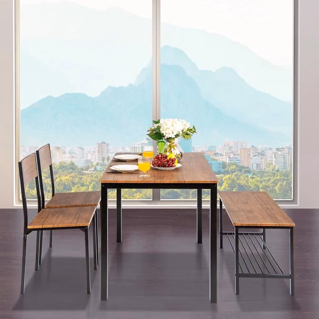 Set da pranzo Costway composto da tavolo rettangolare, 2 sedie e 1 panca in stile industriale, colore marrone – 2
