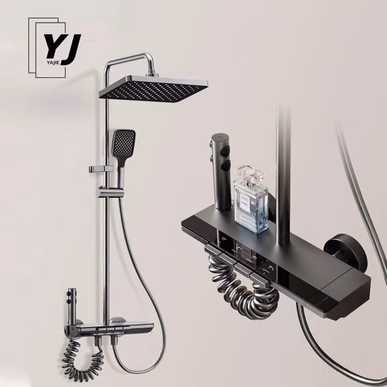 Set doccia per bagno - Miscelatore termostatico con soffione - Pulsanti multifunzione - Regolabile in altezza - Ottone - Galvanizzato - Grigio