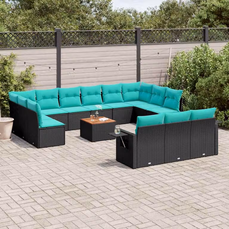 Set Divani da Giardino vidaXL 14 pz a Forma a U in Polyrattan Nero con Cuscini Blu e Tavolino da Caffè