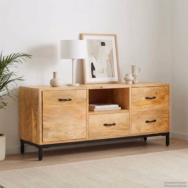 Mobile TV moderno vidaXL in legno di mango marrone con cassetto L: 110 cm, P: 30 cm, H: 46 cm