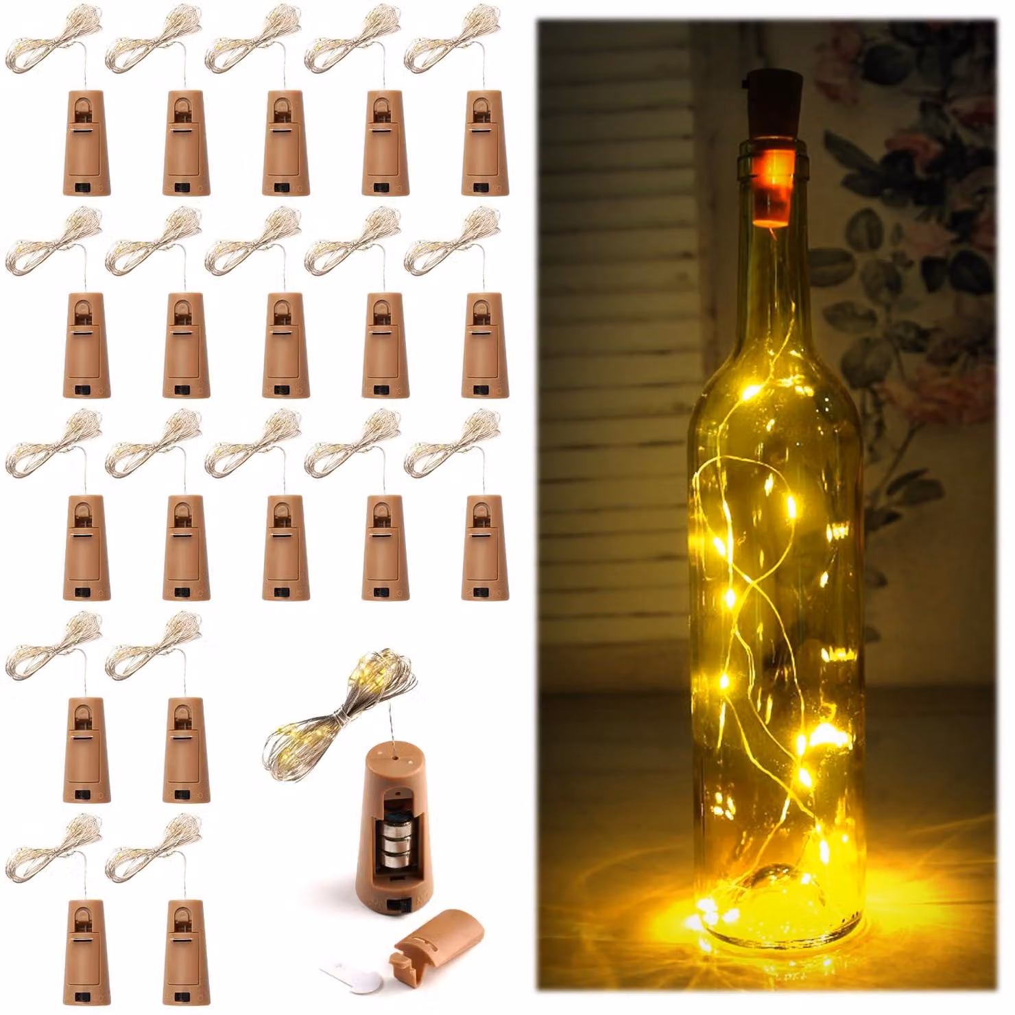Catena di luci a LED per bottiglie, set da 20, lunghezza 2 metri, luce bianco caldo, con tappi