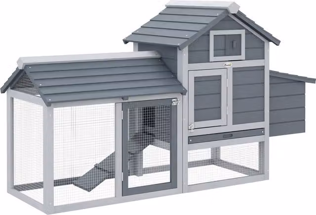 Pollaio prefabbricato in legno PawHut con recinzione per giardino, ideale per 2 galline, L: 150.5 cm, P: 54 cm, H: 87 cm, Grigio Scuro – 1