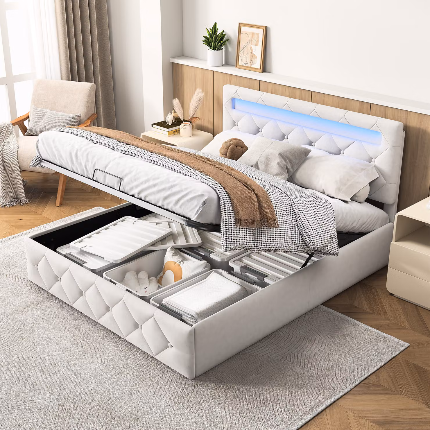 Letto 160x200cm con LED - Base a doghe - Ampio contenitore - Beige