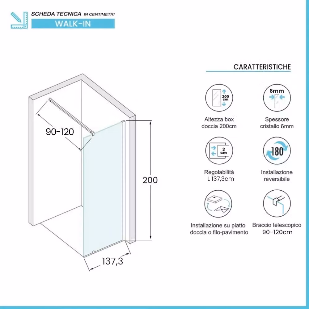 Parete doccia walk-in Klug in cristallo trasparente con profilo bianco, L: 137,3 cm, spessore 6 mm – 2