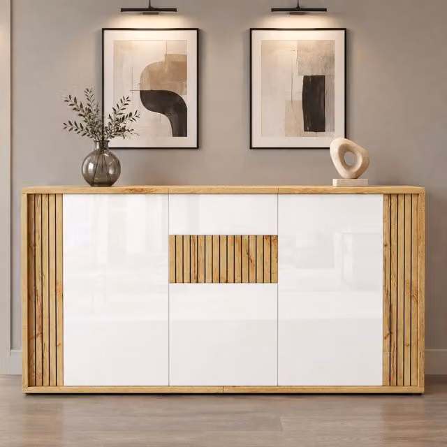Mobile moderno 140×35×71 cm con 3 ante push-to-open, struttura in MDF e pannelli truciolari, finitura bianco lucido e dettagli in legno naturale