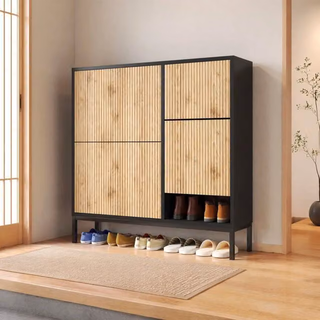 Scarpiera ULEVR 100x100x25 cm con 3 ribalte, panca estraibile e vano aperto, nero e legno naturale