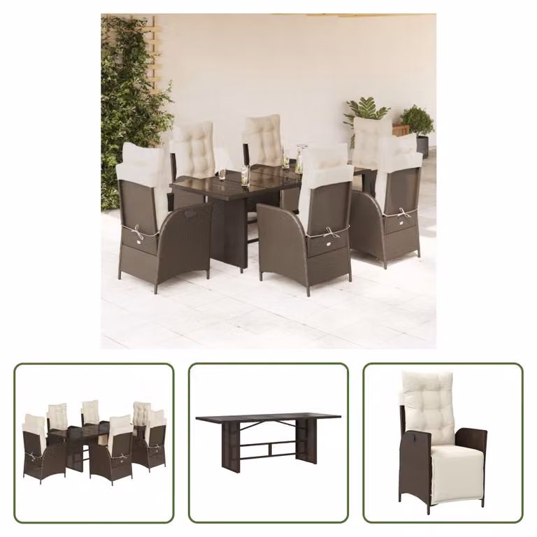 The Living Store Set da pranzo da giardino 7 pezzi con cuscini in polirattan marrone