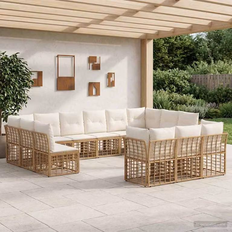 vidaXL Set di divani da esterno a forma di U con cuscini, colore beige e marrone