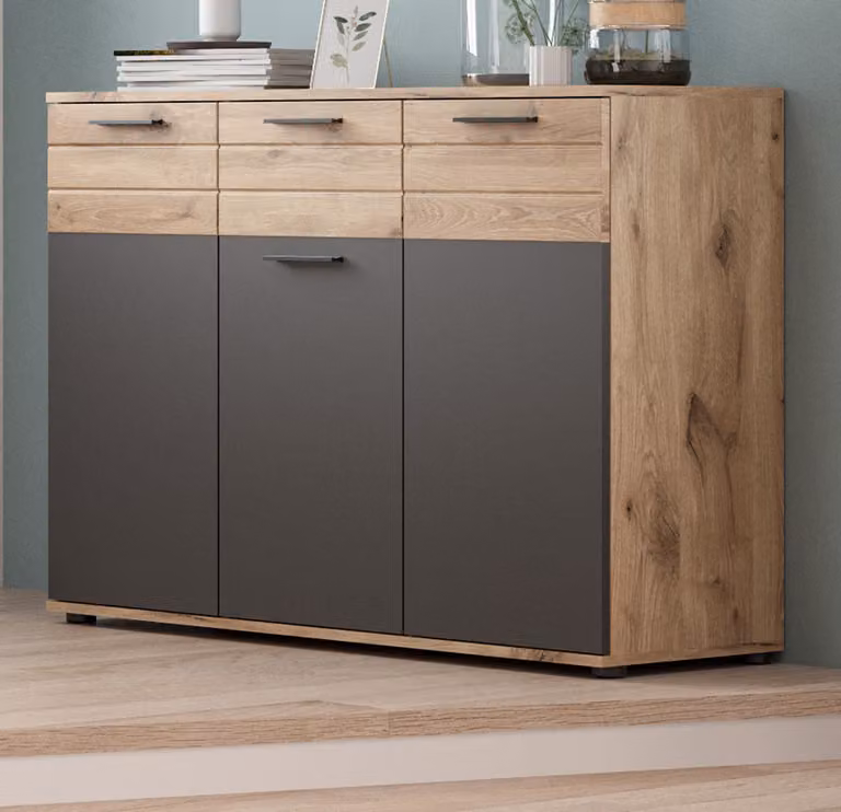 Credenza "Tomaso" in rovere e grigio per soggiorno e sala da pranzo, cassettiera 180 cm con chiusura ammortizzata