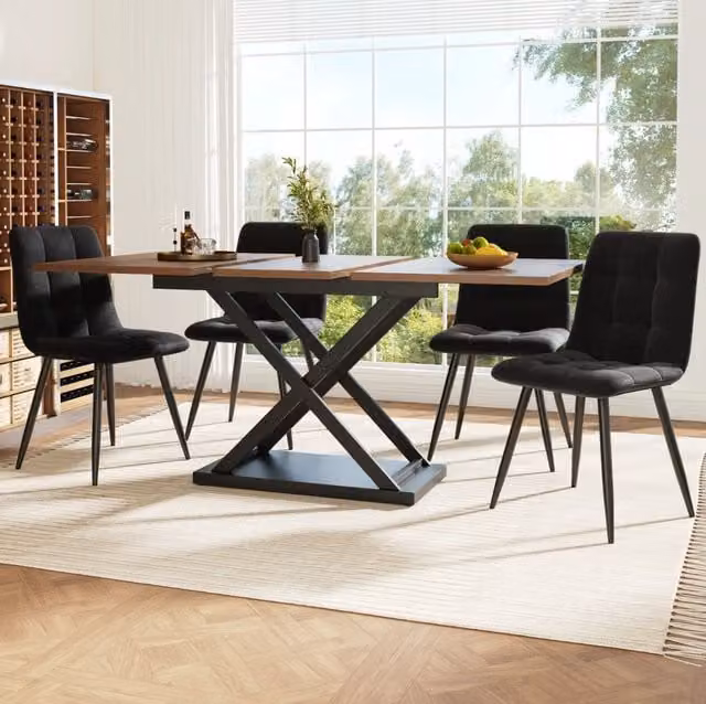 Set da pranzo 5 pezzi con tavolo allungabile 120-160x80x75 cm e 4 sedie in velluto nero
