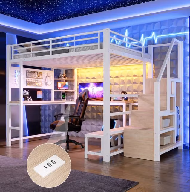 Letto a soppalco 140x200 cm con scrivania, LED, USB e USB-C bianco HAVRYA