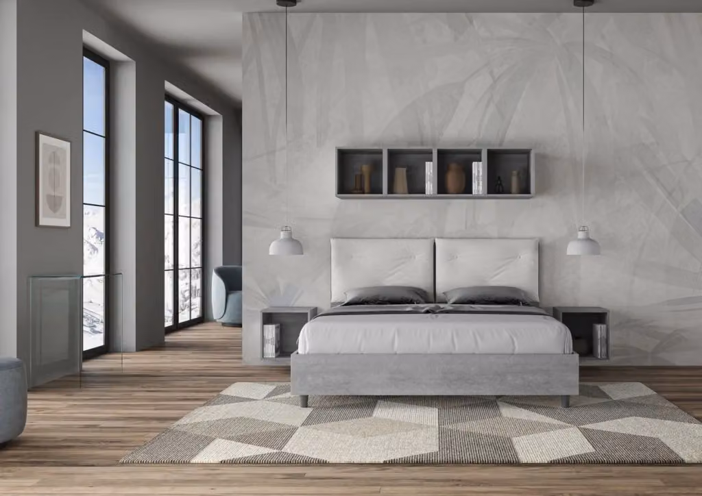 Letto Matrimoniale Egos con Contenitore ad Alzata e Cuscini in Similpelle, Colore Grigio o Bianco, L/P: 160 x 200 cm – 2