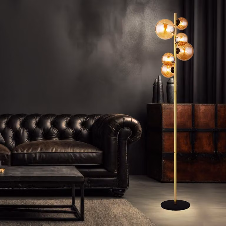Lampada da terra a LED, 6 lampadine, vetro ambrato, ottone, H 155 cm