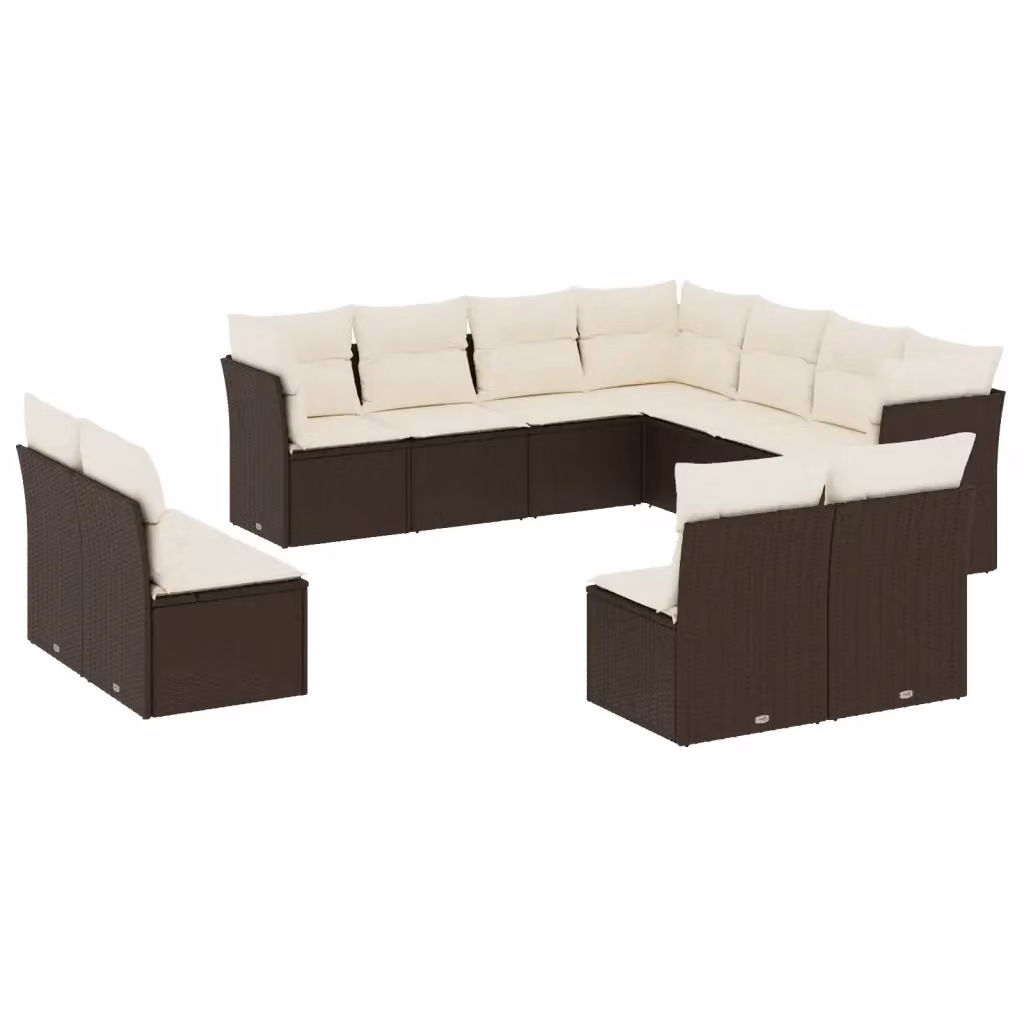 vidaXL Set Divani da Giardino 11 pz a Forma a L con Cuscini Marrone e Bianco in Polyrattan e Metallo – 2