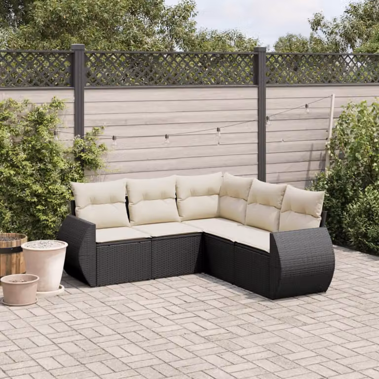vidaXL Set Divani da Giardino a L 5 pz con Cuscini in Polyrattan e Struttura in Acciaio Nero e Bianco