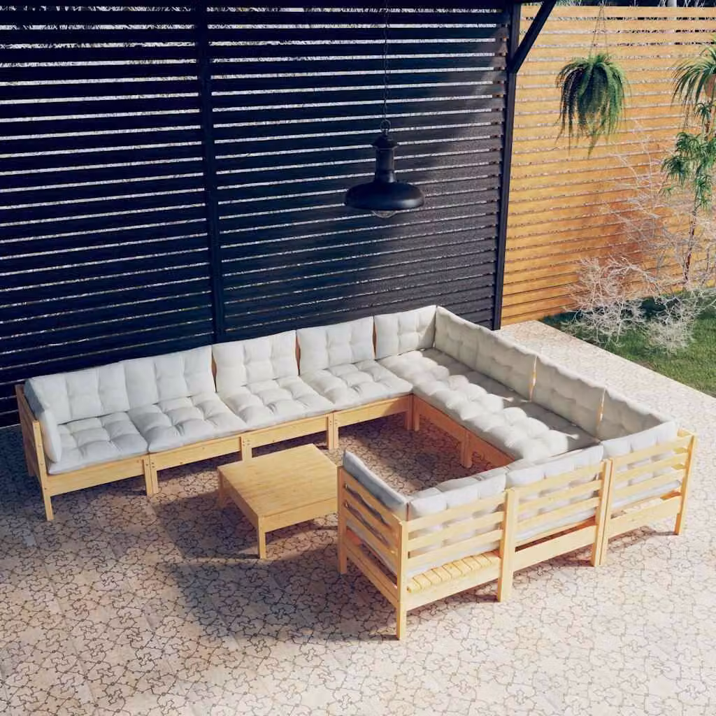 vidaXL Set Divani da Giardino 11 pz in Legno di Pino Massello con Cuscini Beige