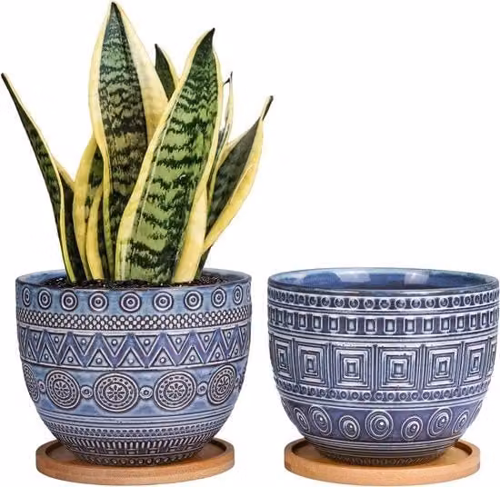 Retro ciotola ceramica azzurra per piante geometrica per piante grasse - set da 2