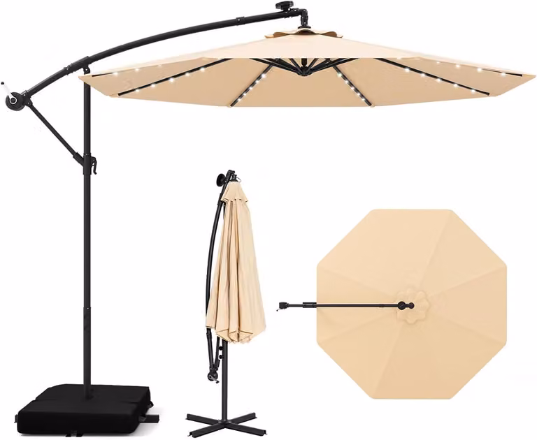 Ombrellone COSTWAY da 350 cm con base, luci a LED e manovella, ombrellone a semisfera, ombrellone da giardino, protezione UV, ombrellone da mercato, ombrellone da terrazza, beige
