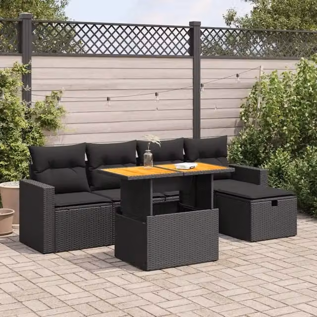Set Divano da Giardino 6 pz con Cuscini Nero Polyrattan Acacia 3327993
