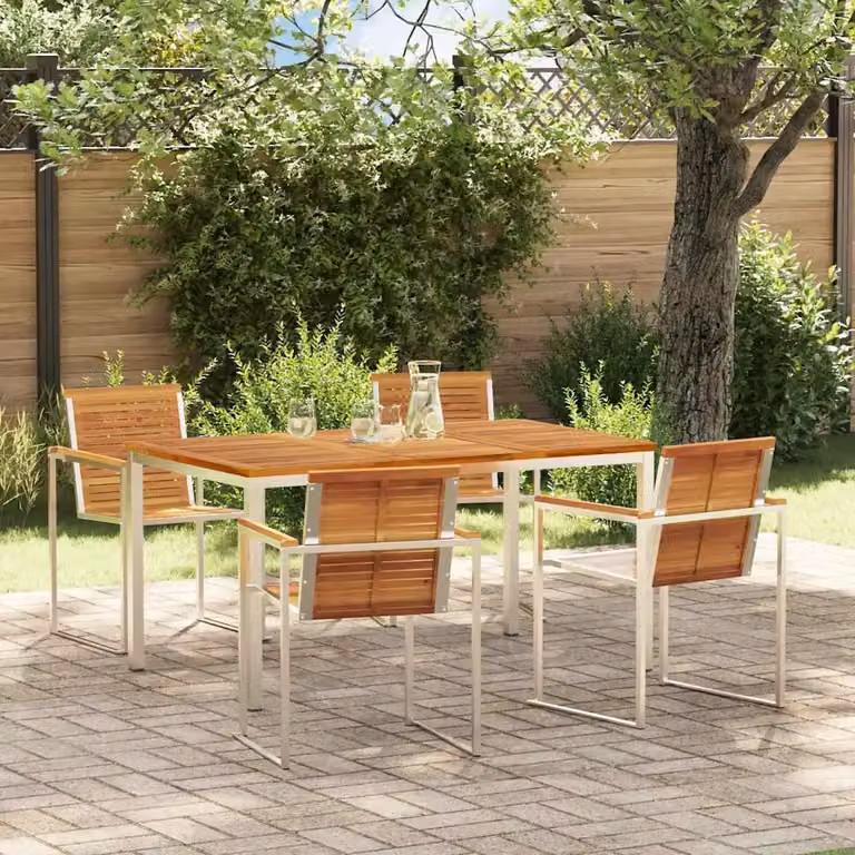 Set da Pranzo per Giardino e Terrazzo vidaXL in Legno di Acacia e Acciaio Inox, 5 Pezzi, Marrone e Argento