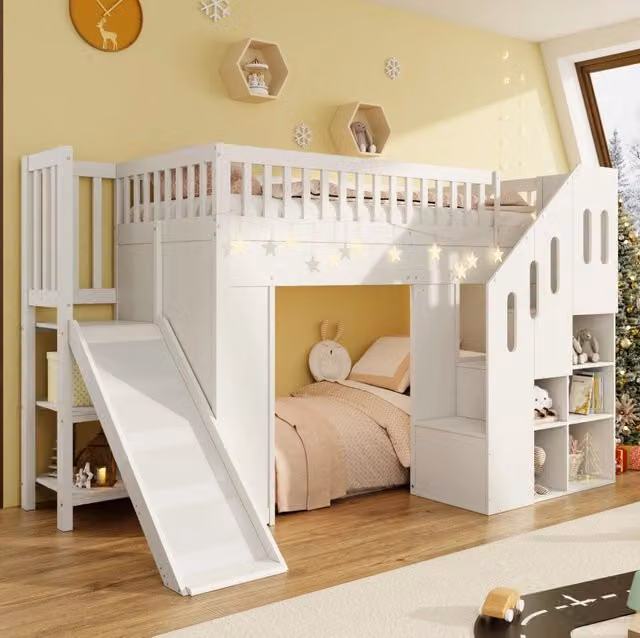 Letto a soppalco per bambini 90x200 cm con scivolo; scala contenitore e LED; bianco