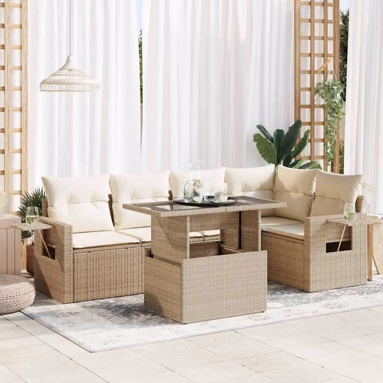 Set Divano da Giardino vidaXL 6 pz a Forma a L con Cuscini Beige e Tavolino in Vetro