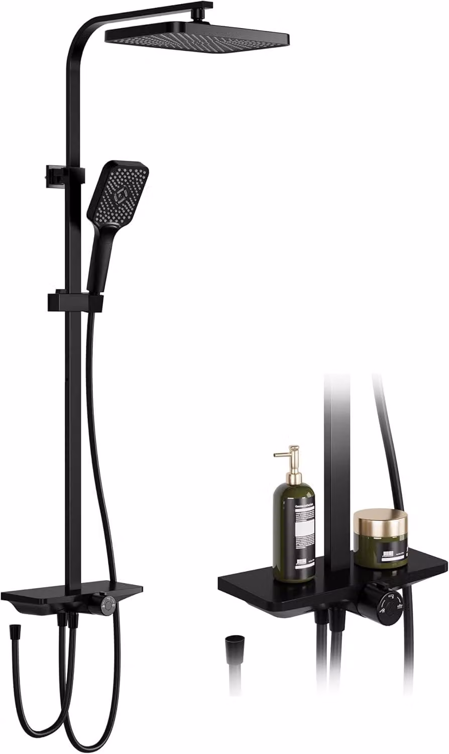Doccia a pavimento senza rubinetteria, in acciaio inossidabile, 25 x 25 cm, colonna regolabile, sistema doccia nero per bagno
