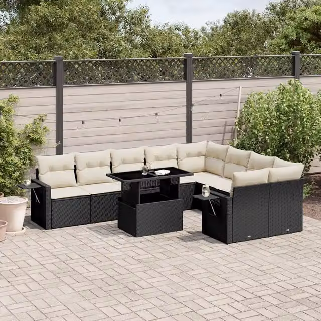 Set Divani da Giardino 10pz con Cuscini in Polyrattan Nero 3268126