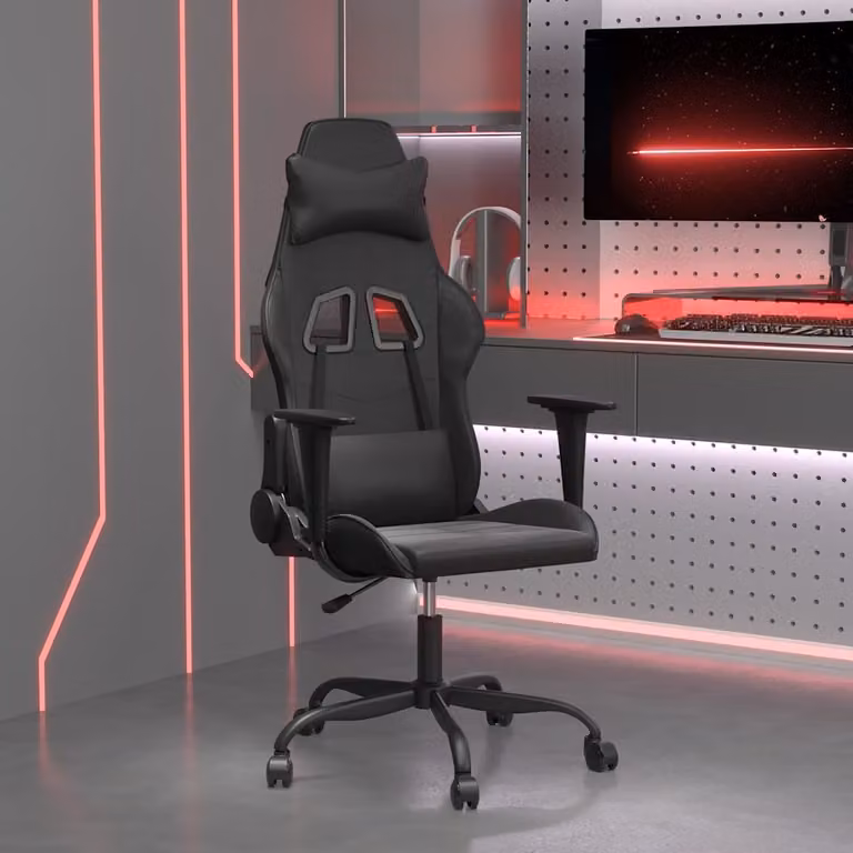 Sedia da Gaming vidaXL Nera in Similpelle con Poggiatesta e Ruote, Girevole a 360 Gradi