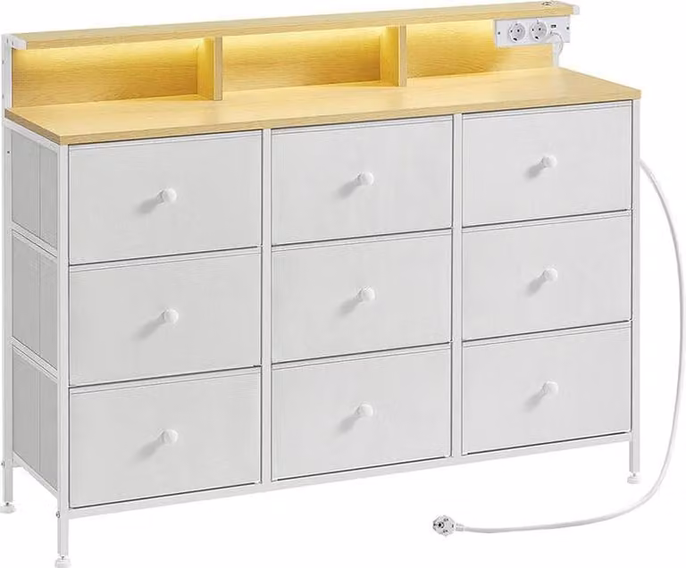 Comodino con 9 cassetti e illuminazione a LED – 33,5 x 114 x 84 cm – bianco