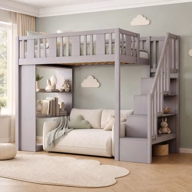 Letto a soppalco singolo REDOM in legno e MDF grigio con scala e vani contenitore L 200 cm x P 90 cm x H 253 cm