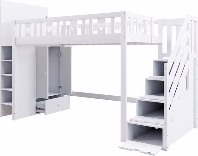 Letto a soppalco bianco 90x200 cm con scala contenitore, scaffali e armadietto richiudibile, struttura in legno di pino e MDF