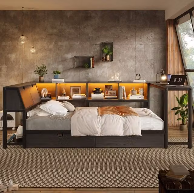 Letto in metallo 90x200 cm con testiera contenitore, illuminazione LED, scrivania integrata e due cassetti