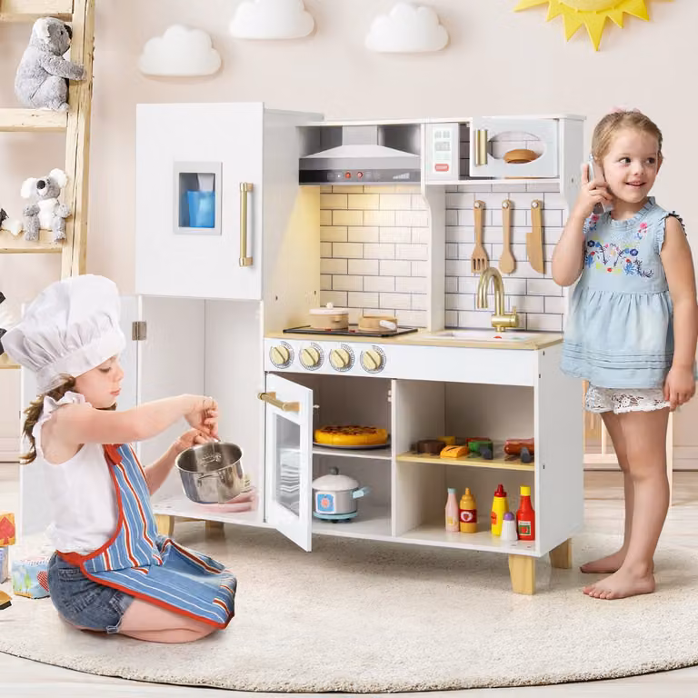 Costway Set da cucina giocattolo per bambini con macchina del ghiaccio, luci e suoni, Bianco