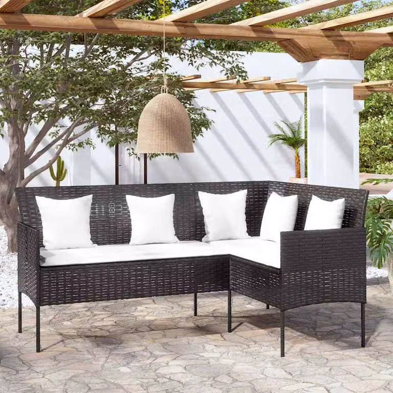 vidaXL Divano da giardino a forma di L con cuscini, struttura in metallo e rattan, nero e bianco