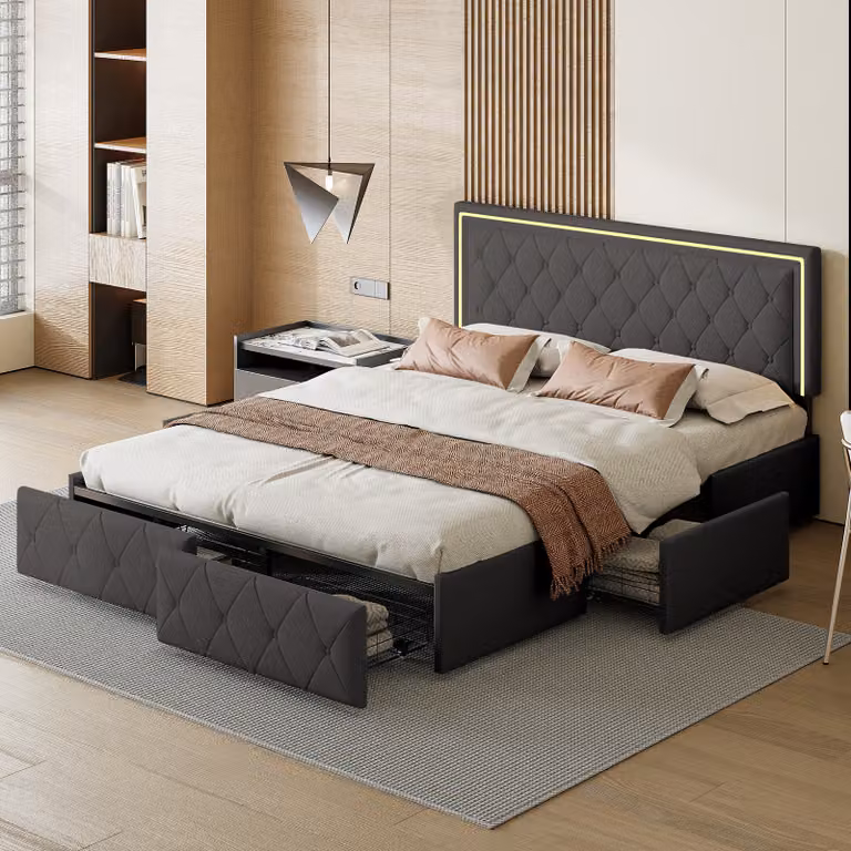 letto 140 x 200 cm con illuminazione a LED, testata regolabile, letto imbottito con 4 cassetti e vano contenitore, grigio