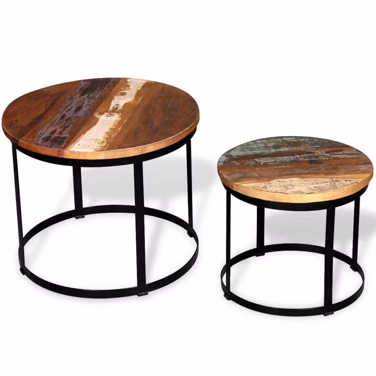 set di 2 tavolini da caffè in legno massiccio antico rotondo 40cm/50cm