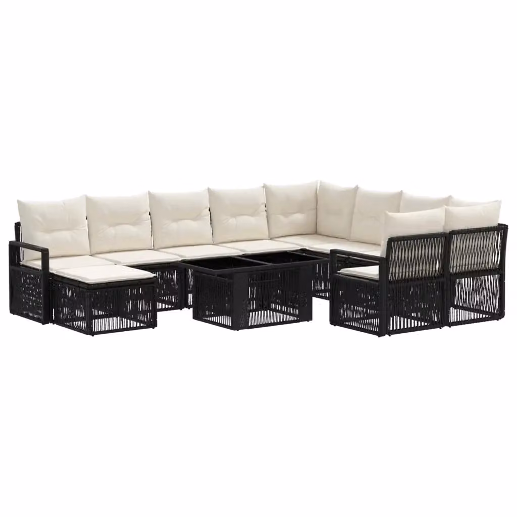 Set da giardino vidaXL in polyrattan composto da 11 pezzi con divano a 3 posti, elementi angolari, pouf e tavolino con piano in vetro, colore nero e bianco crema – 2