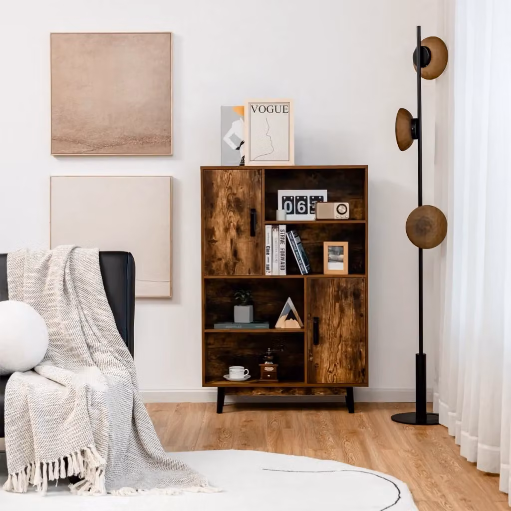 Libreria in legno di caucciù marrone con 4 mensole aperte e design freestanding per soggiorno o ufficio – 2