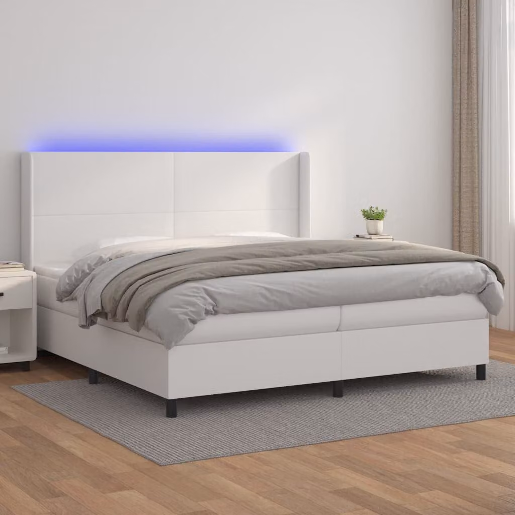 vidaXL Giroletto con Materasso Ibrido e Illuminazione LED in Similpelle Bianco L/P/H: 200 x 203 x 128 cm – 1