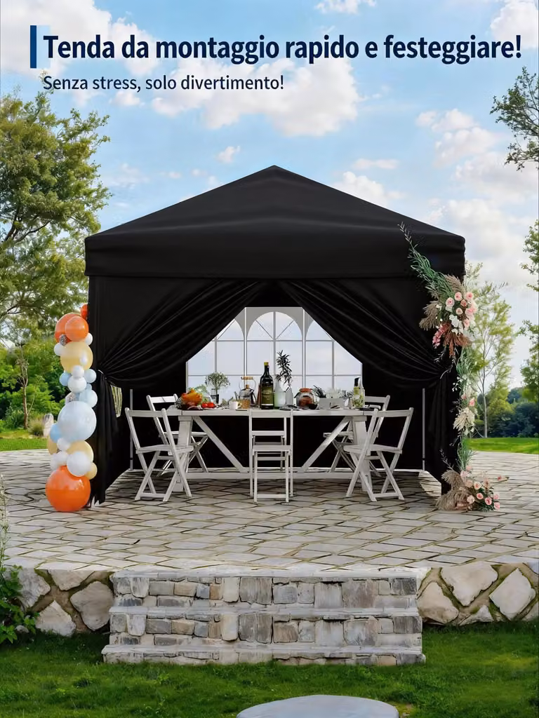 Gazebo da giardino - Gazebo 3 x 3 metri - Impermeabile - 4 pannelli laterali - Protezione UV UPF 50+ - Altezza regolabile - Nero