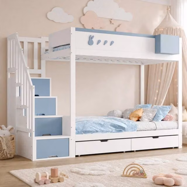 Letto a castello 90x200 cm con cassetti; scaffale removibile e sponde; bianco/blu