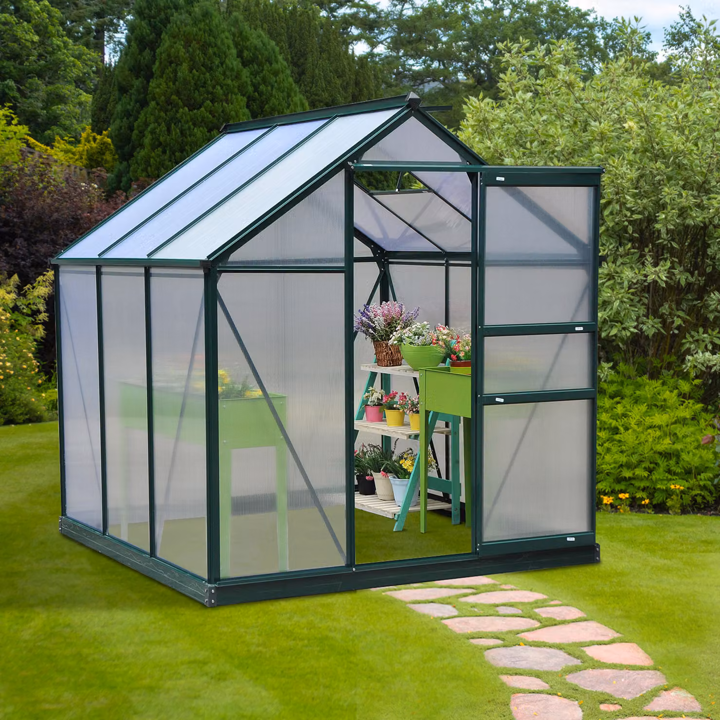 Serra per orto Outsunny in alluminio e policarbonato con finestra e porta scorrevole, Verde Scuro, L 190 cm x P 192 cm x H 201 cm – 2