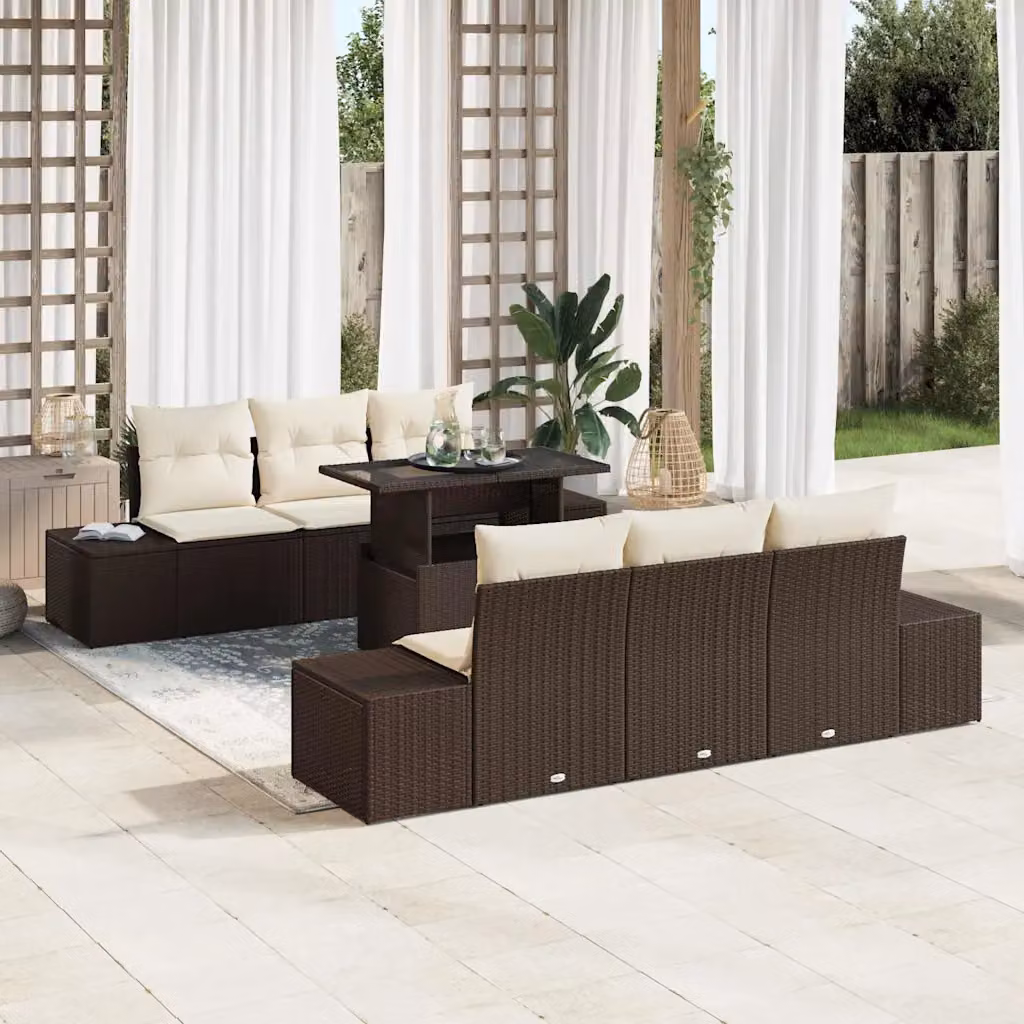 Set di divani da giardino vidaXL in polyrattan marrone e beige con 7 pezzi e cuscini inclusi – 1