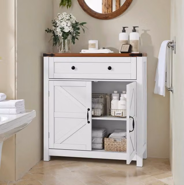 Mobile contenitore ULEVR 76x30x83 cm con cassetto, ante scorrevoli stile fienile e ripiano regolabile, bianco e noce