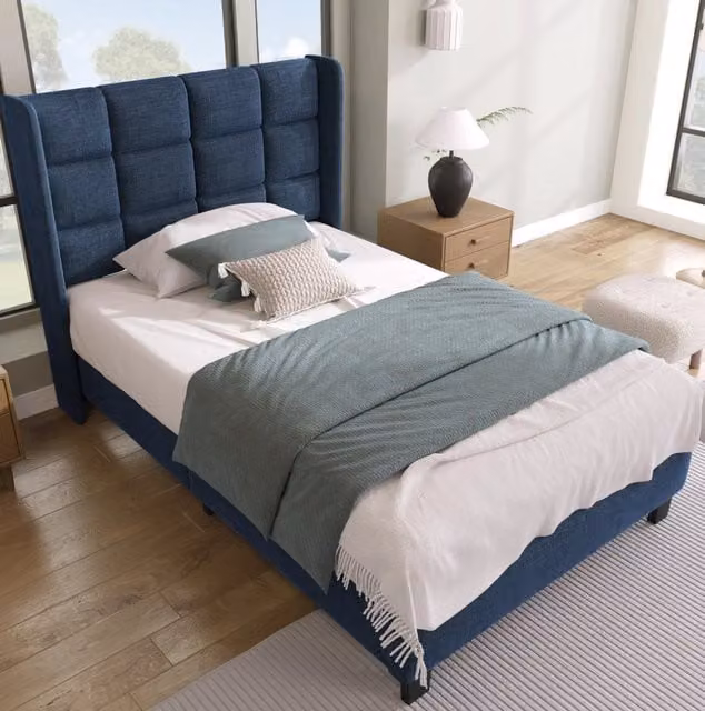 Letto singolo imbottito ULEVR 90x200 cm con testiera alta e rete a doghe, rivestimento in lino blu